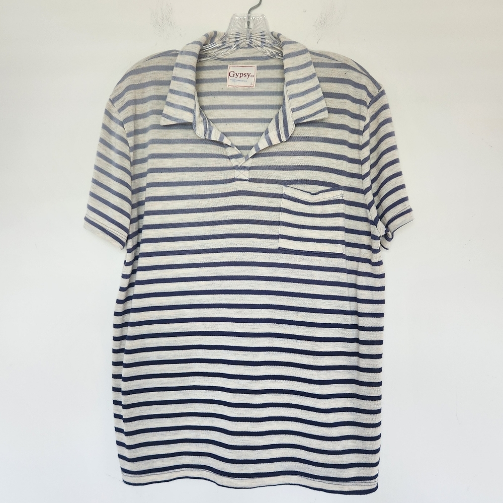 Gypsy 05 Ombre Stripe Polo Shirt Blue Cream Made in USA Coastal Boho Nautical L